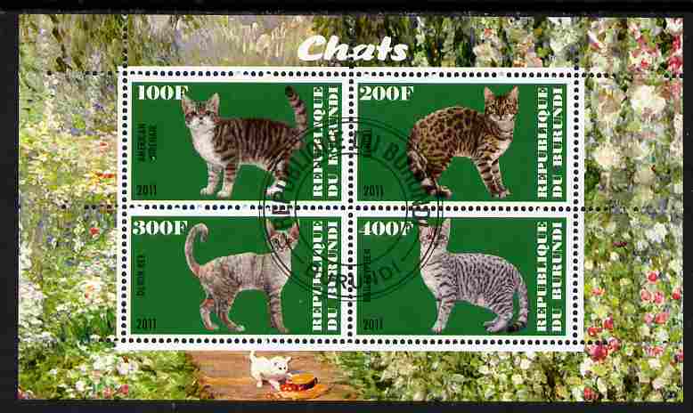 Burundi 2011 Domestic Cats #5 - green background perf sheetlet containing 4 values fine cto used, stamps on , stamps on  stamps on animals, stamps on  stamps on cats