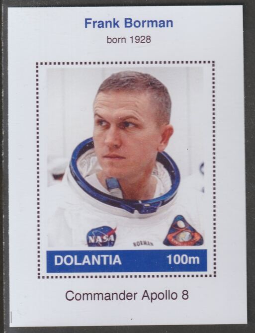 Dolantia (Fantasy) Frank Borman imperf deluxe sheetlet on glossy card (75 x 103 mm) unmounted mint, stamps on personalities, stamps on space, stamps on astronauts