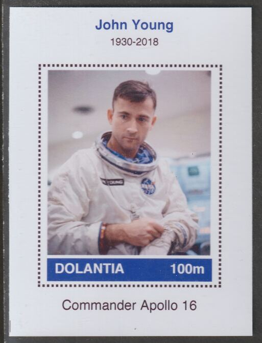 Dolantia (Fantasy) John Young imperf deluxe sheetlet on glossy card (75 x 103 mm) unmounted mint, stamps on personalities, stamps on space, stamps on astronauts