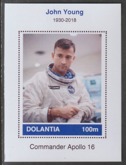 Dolantia (Fantasy) John Young imperf deluxe sheetlet on glossy card (75 x 103 mm) unmounted mint, stamps on , stamps on  stamps on personalities, stamps on  stamps on space, stamps on  stamps on astronauts