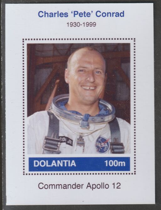 Dolantia (Fantasy) Charles 'Pete' Conrad imperf deluxe sheetlet on glossy card (75 x 103 mm) unmounted mint, stamps on , stamps on  stamps on personalities, stamps on  stamps on space, stamps on  stamps on astronauts