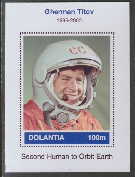 Dolantia (Fantasy) Gherman Titov imperf deluxe sheetlet on glossy card (75 x 103 mm) unmounted mint, stamps on personalities, stamps on space, stamps on astronauts