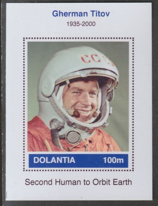 Dolantia (Fantasy) Gherman Titov imperf deluxe sheetlet on glossy card (75 x 103 mm) unmounted mint, stamps on , stamps on  stamps on personalities, stamps on  stamps on space, stamps on  stamps on astronauts