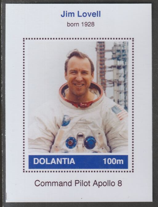 Dolantia (Fantasy) Jim Lovell imperf deluxe sheetlet on glossy card (75 x 103 mm) unmounted mint, stamps on personalities, stamps on space, stamps on astronauts