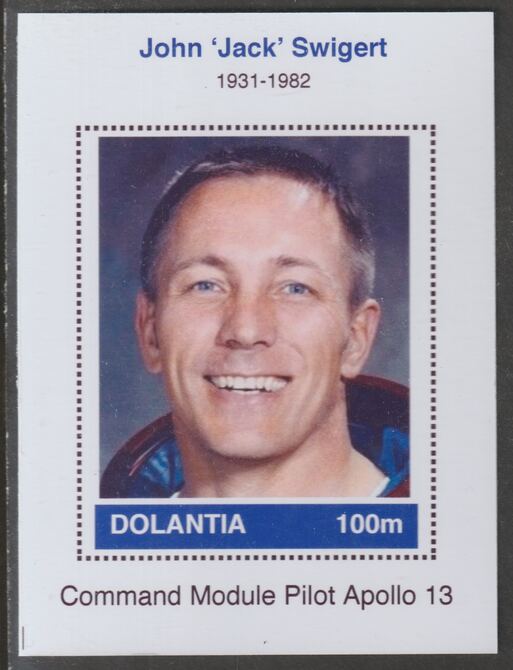Dolantia (Fantasy) John 'Jack' Swigert imperf deluxe sheetlet on glossy card (75 x 103 mm) unmounted mint, stamps on personalities, stamps on space, stamps on astronauts