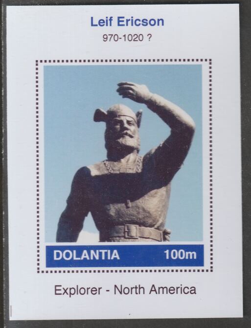 Dolantia (Fantasy) Leif Ericson imperf deluxe sheetlet on glossy card (75 x 103 mm) unmounted mint, stamps on personalities, stamps on explorers, stamps on americana