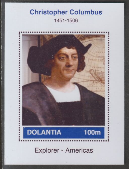 Dolantia (Fantasy) Christopher Columbus imperf deluxe sheetlet on glossy card (75 x 103 mm) unmounted mint, stamps on , stamps on  stamps on personalities, stamps on  stamps on explorers, stamps on  stamps on americana