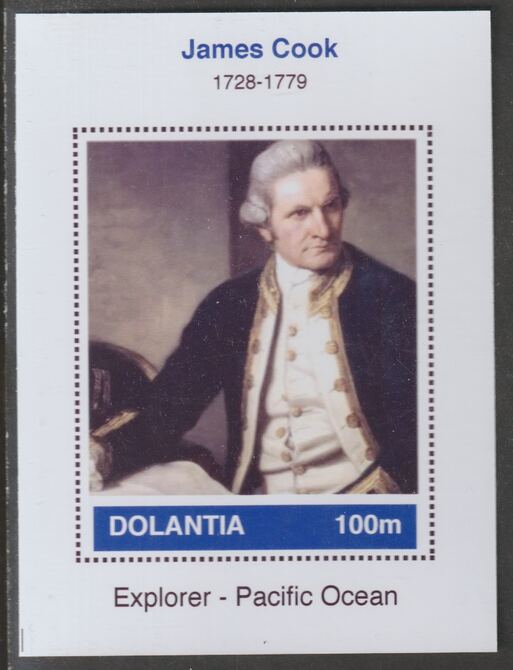 Dolantia (Fantasy) James Cook imperf deluxe sheetlet on glossy card (75 x 103 mm) unmounted mint, stamps on personalities, stamps on explorers