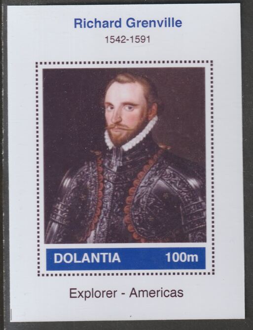 Dolantia (Fantasy) Richard Grenville imperf deluxe sheetlet on glossy card (75 x 103 mm) unmounted mint, stamps on personalities, stamps on explorers, stamps on americana