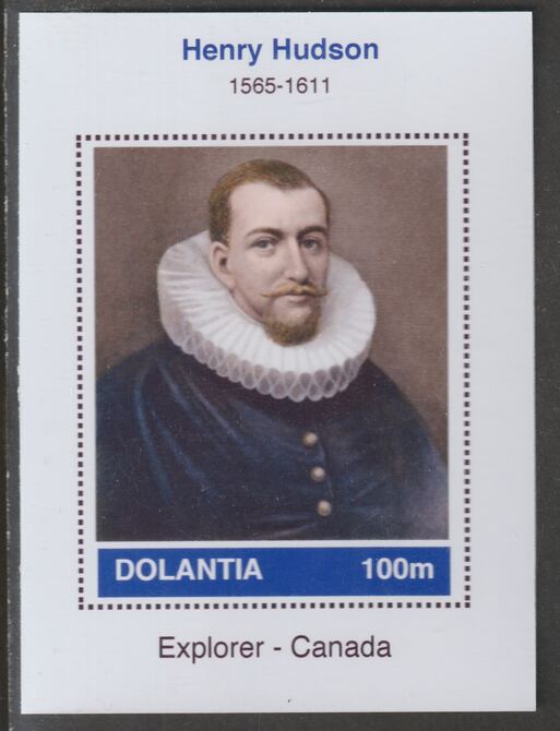 Dolantia (Fantasy) Henry Hudson imperf deluxe sheetlet on glossy card (75 x 103 mm) unmounted mint, stamps on personalities, stamps on explorers
