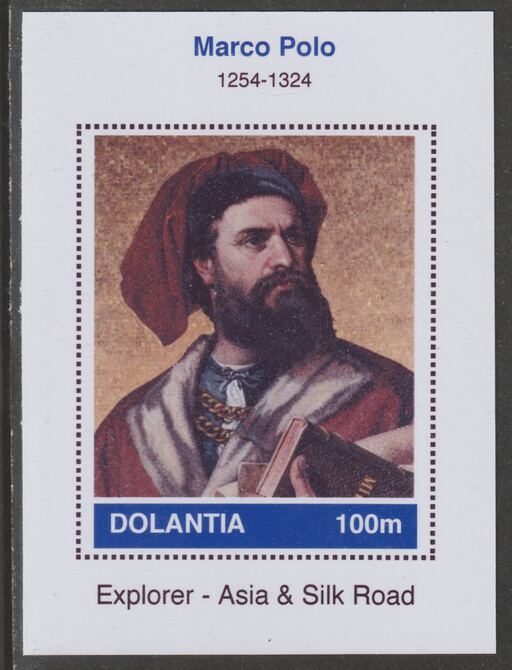 Dolantia (Fantasy) Marco Polo imperf deluxe sheetlet on glossy card (75 x 103 mm) unmounted mint, stamps on , stamps on  stamps on personalities, stamps on  stamps on explorers, stamps on  stamps on 