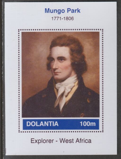 Dolantia (Fantasy) Mungo Park imperf deluxe sheetlet on glossy card (75 x 103 mm) unmounted mint, stamps on personalities, stamps on explorers, stamps on 