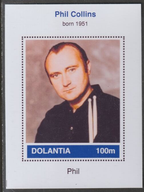 Dolantia (Fantasy) Phil Collins imperf deluxe sheetlet on glossy card (75 x 103 mm) unmounted mint, stamps on , stamps on  stamps on personalities, stamps on  stamps on music, stamps on  stamps on pops, stamps on  stamps on collins, stamps on  stamps on rock