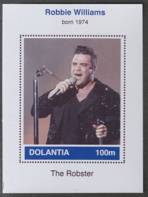 Dolantia (Fantasy) Robbie Williams imperf deluxe sheetlet on glossy card (75 x 103 mm) unmounted mint, stamps on , stamps on  stamps on personalities, stamps on  stamps on music, stamps on  stamps on pops, stamps on  stamps on williams, stamps on  stamps on rock