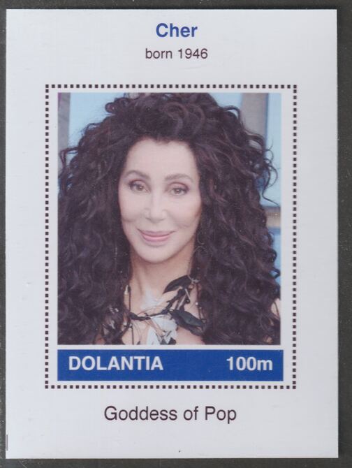 Dolantia (Fantasy) Cher imperf deluxe sheetlet on glossy card (75 x 103 mm) unmounted mint, stamps on personalities, stamps on music, stamps on pops, stamps on cher