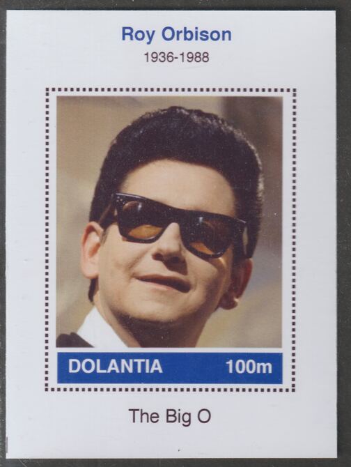 Dolantia (Fantasy) Roy Orbison imperf deluxe sheetlet on glossy card (75 x 103 mm) unmounted mint, stamps on personalities, stamps on music, stamps on pops, stamps on rock