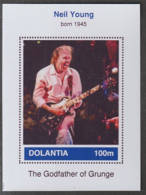 Dolantia (Fantasy) Neil Young imperf deluxe sheetlet on glossy card (75 x 103 mm) unmounted mint, stamps on , stamps on  stamps on personalities, stamps on  stamps on music, stamps on  stamps on pops, stamps on  stamps on rock