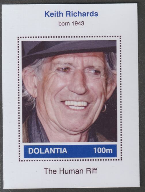 Dolantia (Fantasy) Keith Richards imperf deluxe sheetlet on glossy card (75 x 103 mm) unmounted mint, stamps on personalities, stamps on music, stamps on pops, stamps on rock, stamps on stones