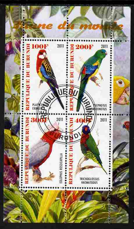 Burundi 2011 Fauna of the World - Parrots #3 perf sheetlet containing 4 values fine cto used, stamps on birds, stamps on parrots