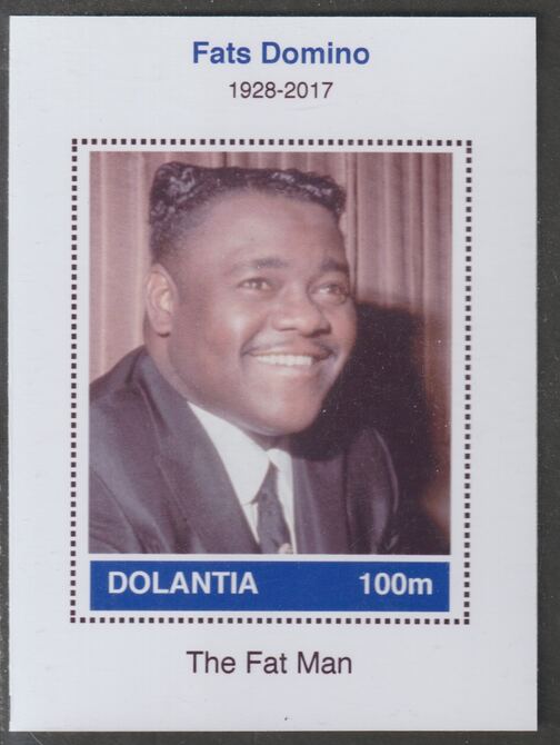 Dolantia (Fantasy) Fats Domino imperf deluxe sheetlet on glossy card (75 x 103 mm) unmounted mint, stamps on , stamps on  stamps on personalities, stamps on  stamps on music, stamps on  stamps on pops, stamps on  stamps on rock, stamps on  stamps on 