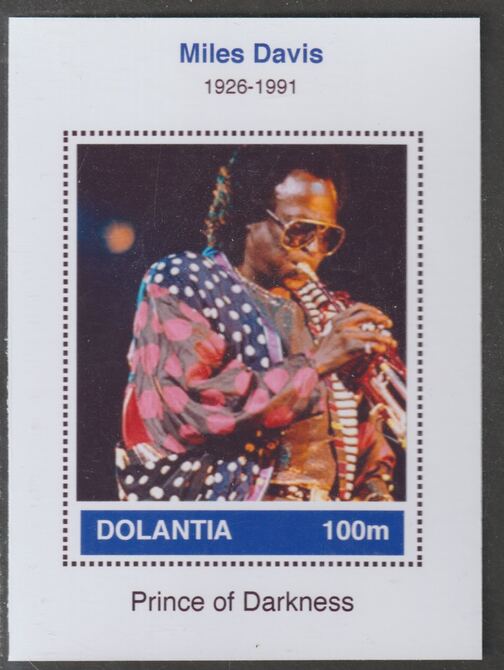 Dolantia (Fantasy) Miles Davis imperf deluxe sheetlet on glossy card (75 x 103 mm) unmounted mint, stamps on personalities, stamps on music, stamps on jazz