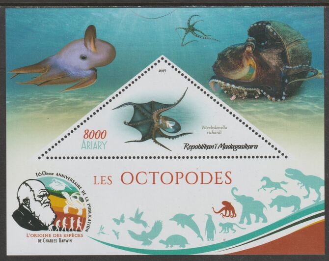 Madagascar 2019 Darwin 160th Anniversary of Publication of The Origin of Species - Octopus #4 perf deluxe sheet containing one triangular value unmounted mint, stamps on triangular, stamps on shaped, stamps on darwin, stamps on marine life, stamps on octopus