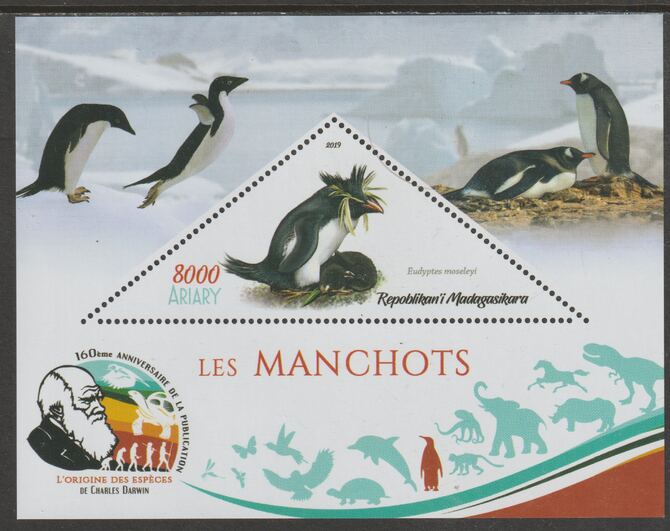 Madagascar 2019 Darwin 160th Anniversary of Publication of The Origin of Species - Penguins #1 perf deluxe sheet containing one triangular value unmounted mint, stamps on triangular, stamps on shaped, stamps on darwin, stamps on birds, stamps on penguins