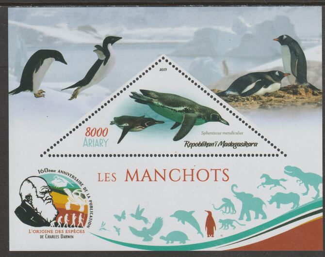 Madagascar 2019 Darwin 160th Anniversary of Publication of The Origin of Species - Penguins #2 perf deluxe sheet containing one triangular value unmounted mint, stamps on , stamps on  stamps on triangular, stamps on  stamps on shaped, stamps on  stamps on darwin, stamps on  stamps on birds, stamps on  stamps on penguins