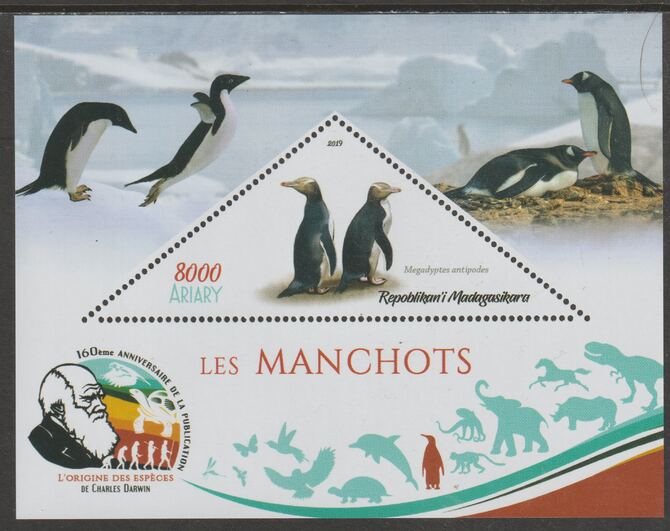 Madagascar 2019 Darwin 160th Anniversary of Publication of The Origin of Species - Penguins #4 perf deluxe sheet containing one triangular value unmounted mint, stamps on triangular, stamps on shaped, stamps on darwin, stamps on birds, stamps on penguins