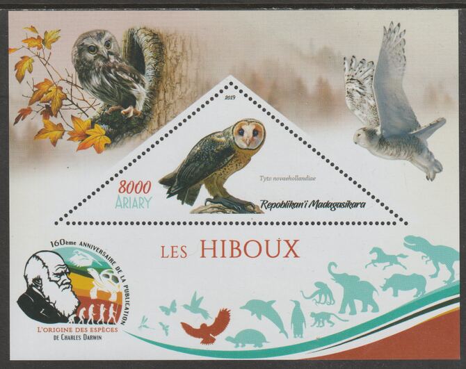 Madagascar 2019 Darwin 160th Anniversary of Publication of The Origin of Species - Owls #2 perf deluxe sheet containing one triangular value unmounted mint, stamps on triangular, stamps on shaped, stamps on darwin, stamps on birds, stamps on birds of prey, stamps on owls
