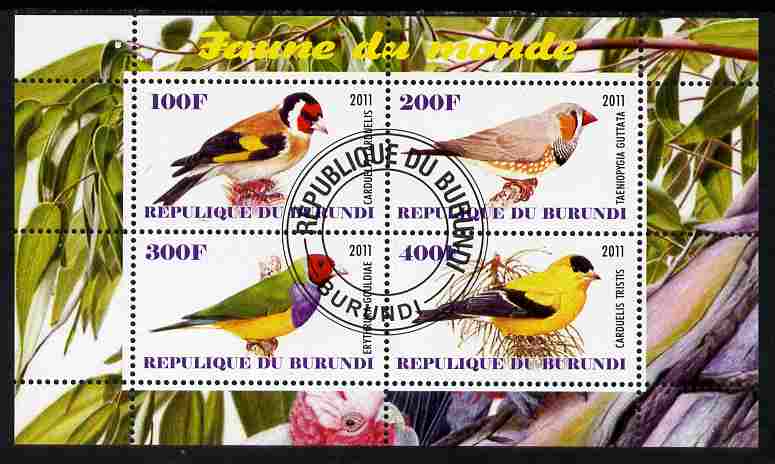 Burundi 2011 Fauna of the World - Birds - Finches perf sheetlet containing 4 values fine cto used, stamps on birds, stamps on finches