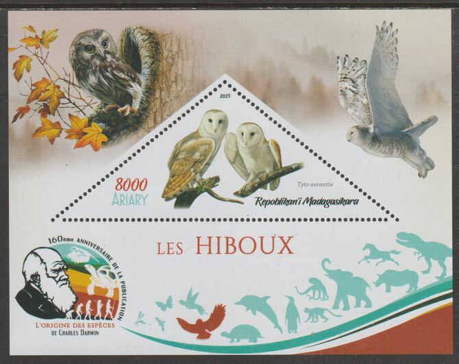Madagascar 2019 Darwin 160th Anniversary of Publication of The Origin of Species - Owls #3 perf deluxe sheet containing one triangular value unmounted mint, stamps on triangular, stamps on shaped, stamps on darwin, stamps on birds, stamps on birds of prey, stamps on owls