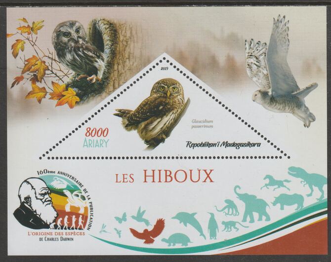 Madagascar 2019 Darwin 160th Anniversary of Publication of The Origin of Species - Owls #4perf deluxe sheet containing one triangular value unmounted mint, stamps on triangular, stamps on shaped, stamps on darwin, stamps on birds, stamps on birds of prey, stamps on owls