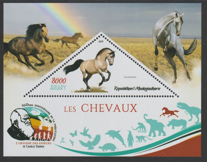 Madagascar 2019 Darwin 160th Anniversary of Publication of The Origin of Species - Horses #1 perf deluxe sheet containing one triangular value unmounted mint, stamps on , stamps on  stamps on triangular, stamps on  stamps on shaped, stamps on  stamps on darwin, stamps on  stamps on horses, stamps on  stamps on rainbows