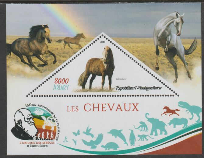Madagascar 2019 Darwin 160th Anniversary of Publication of The Origin of Species - Horses #2 perf deluxe sheet containing one triangular value unmounted mint, stamps on , stamps on  stamps on triangular, stamps on  stamps on shaped, stamps on  stamps on darwin, stamps on  stamps on horses, stamps on  stamps on rainbows