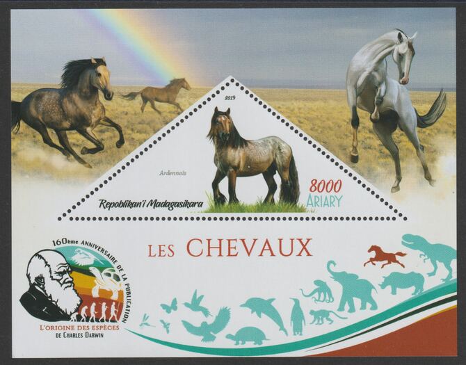 Madagascar 2019 Darwin 160th Anniversary of Publication of The Origin of Species - Horses #3 perf deluxe sheet containing one triangular value unmounted mint, stamps on triangular, stamps on shaped, stamps on darwin, stamps on horses, stamps on rainbows