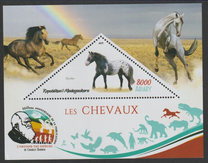 Madagascar 2019 Darwin 160th Anniversary of Publication of The Origin of Species - Horses #4 perf deluxe sheet containing one triangular value unmounted mint, stamps on , stamps on  stamps on triangular, stamps on  stamps on shaped, stamps on  stamps on darwin, stamps on  stamps on horses, stamps on  stamps on rainbows