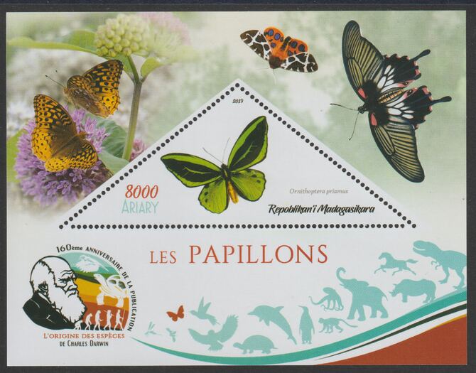 Madagascar 2019 Darwin 160th Anniversary of Publication of The Origin of Species - Butterflies #2 perf deluxe sheet containing one triangular value unmounted mint, stamps on triangular, stamps on shaped, stamps on darwin, stamps on insects, stamps on butterflies