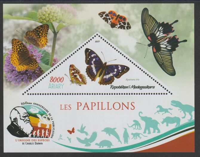 Madagascar 2019 Darwin 160th Anniversary of Publication of The Origin of Species - Butterflies #3 perf deluxe sheet containing one triangular value unmounted mint, stamps on , stamps on  stamps on triangular, stamps on  stamps on shaped, stamps on  stamps on darwin, stamps on  stamps on insects, stamps on  stamps on butterflies