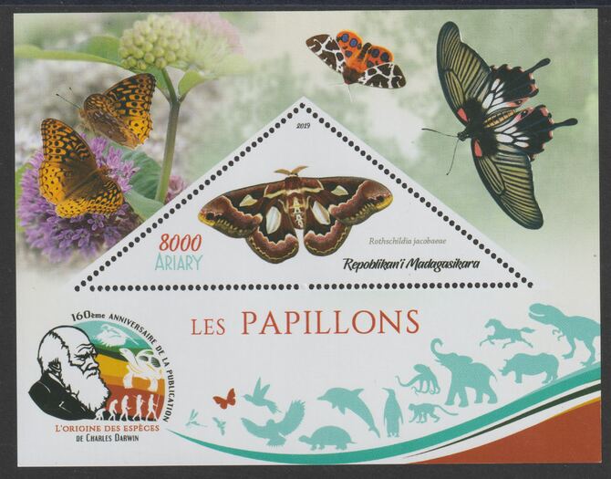 Madagascar 2019 Darwin 160th Anniversary of Publication of The Origin of Species - Butterflies #4 perf deluxe sheet containing one triangular value unmounted mint, stamps on , stamps on  stamps on triangular, stamps on  stamps on shaped, stamps on  stamps on darwin, stamps on  stamps on insects, stamps on  stamps on butterflies