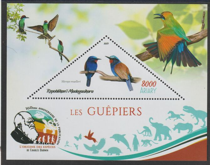 Madagascar 2019 Darwin 160th Anniversary of Publication of The Origin of Species - Bee Eaters #3 perf deluxe sheet containing one triangular value unmounted mint, stamps on triangular, stamps on shaped, stamps on darwin, stamps on birds, stamps on bee eaters