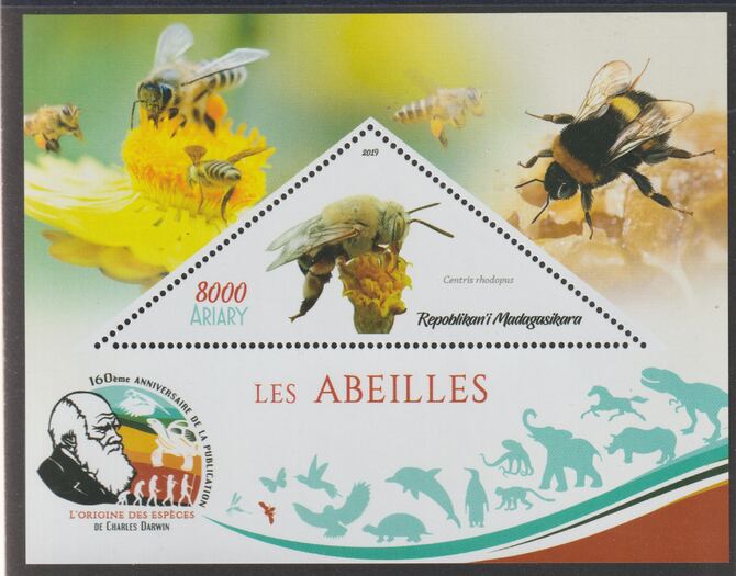 Madagascar 2019 Darwin 160th Anniversary of Publication of The Origin of Species - Bees #1 perf deluxe sheet containing one triangular value unmounted mint, stamps on triangular, stamps on shaped, stamps on darwin, stamps on insects, stamps on bees