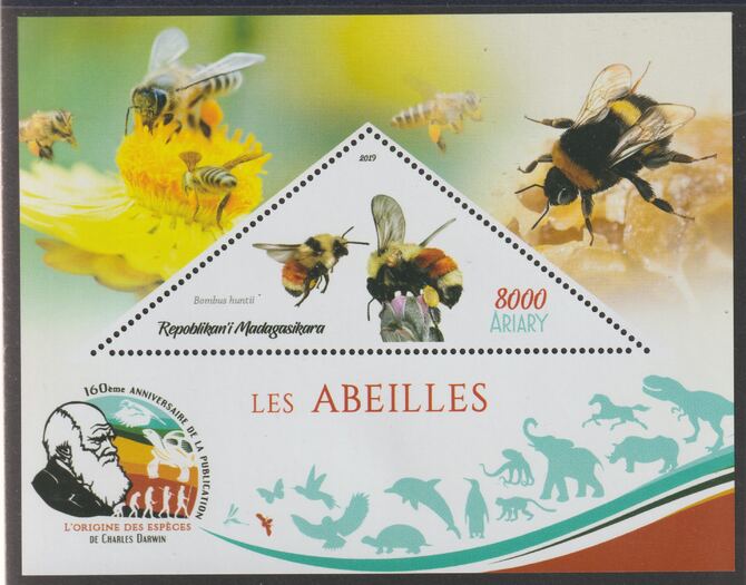 Madagascar 2019 Darwin 160th Anniversary of Publication of The Origin of Species - Bees #2 perf deluxe sheet containing one triangular value unmounted mint, stamps on , stamps on  stamps on triangular, stamps on  stamps on shaped, stamps on  stamps on darwin, stamps on  stamps on insects, stamps on  stamps on bees