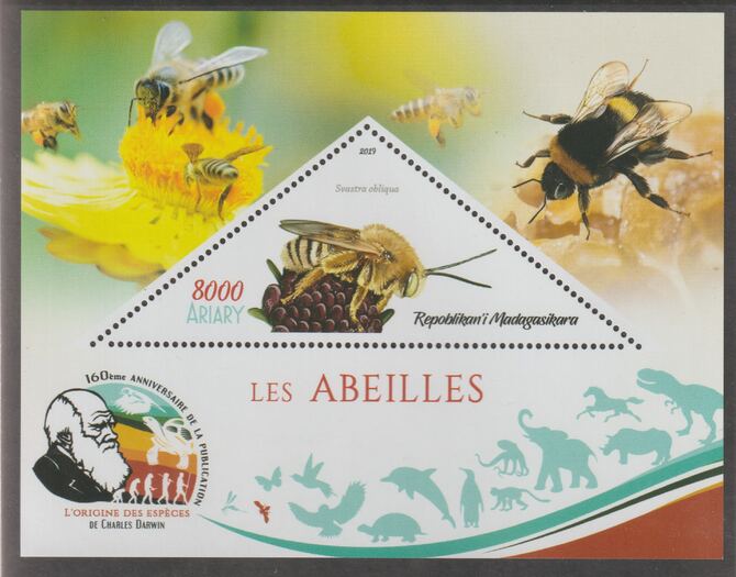 Madagascar 2019 Darwin 160th Anniversary of Publication of The Origin of Species - Bees #4 perf deluxe sheet containing one triangular value unmounted mint, stamps on triangular, stamps on shaped, stamps on darwin, stamps on insects, stamps on bees