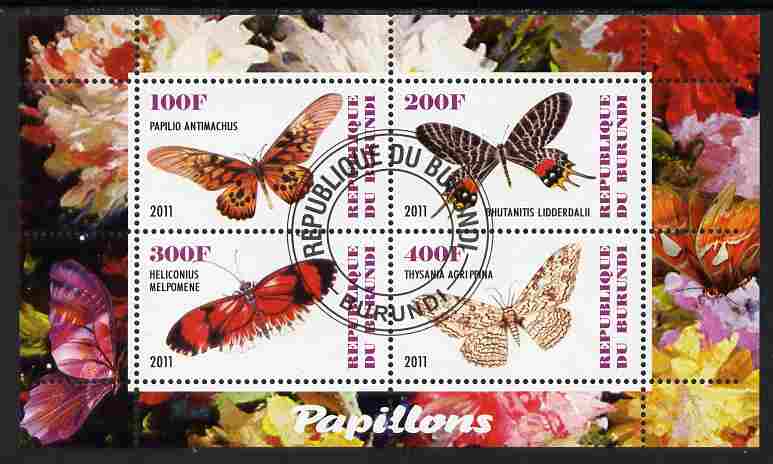 Burundi 2011 Fauna of the World - Butterflies #5 perf sheetlet containing 4 values fine cto used, stamps on , stamps on  stamps on butterflies