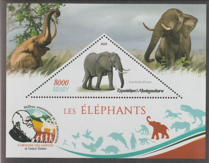 Madagascar 2019 Darwin 160th Anniversary of Publication of The Origin of Species - Elephants #1 perf deluxe sheet containing one triangular value unmounted mint, stamps on triangular, stamps on shaped, stamps on darwin, stamps on animals, stamps on elephants