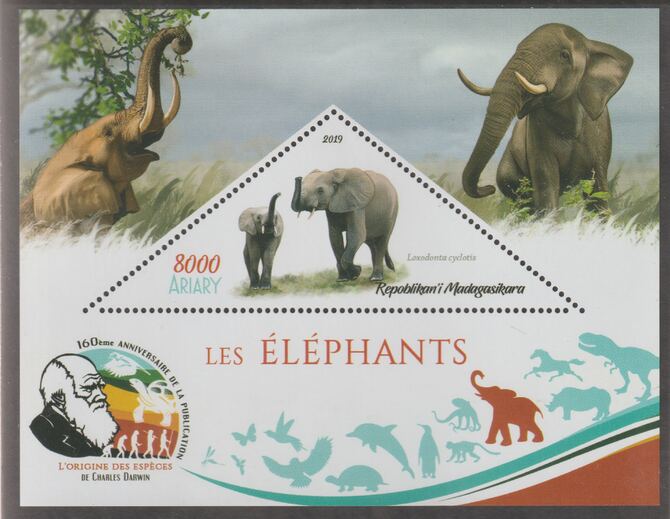 Madagascar 2019 Darwin 160th Anniversary of Publication of The Origin of Species - Elephants #4 perf deluxe sheet containing one triangular value unmounted mint, stamps on , stamps on  stamps on triangular, stamps on  stamps on shaped, stamps on  stamps on darwin, stamps on  stamps on animals, stamps on  stamps on elephants