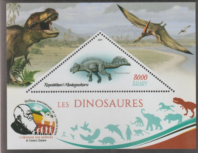 Madagascar 2019 Darwin 160th Anniversary of Publication of The Origin of Species - Dinosaurs #1 perf deluxe sheet containing one triangular value unmounted mint, stamps on , stamps on  stamps on triangular, stamps on  stamps on shaped, stamps on  stamps on darwin, stamps on  stamps on reptiles, stamps on  stamps on dinosaurs