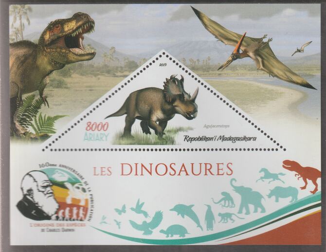 Madagascar 2019 Darwin 160th Anniversary of Publication of The Origin of Species - Dinosaurs #2 perf deluxe sheet containing one triangular value unmounted mint, stamps on , stamps on  stamps on triangular, stamps on  stamps on shaped, stamps on  stamps on darwin, stamps on  stamps on reptiles, stamps on  stamps on dinosaurs