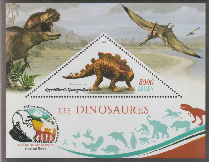 Madagascar 2019 Darwin 160th Anniversary of Publication of The Origin of Species - Dinosaurs #3 perf deluxe sheet containing one triangular value unmounted mint, stamps on , stamps on  stamps on triangular, stamps on  stamps on shaped, stamps on  stamps on darwin, stamps on  stamps on reptiles, stamps on  stamps on dinosaurs